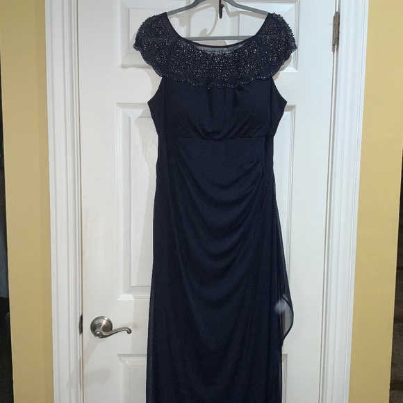 MSK navy beaded full length sleeveless formal dress Sz 14 ruching side ruffle - Picture 2 of 13